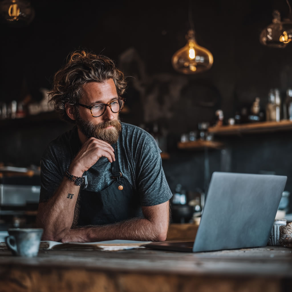 Small business owner looking forlornly at a competitor's website
