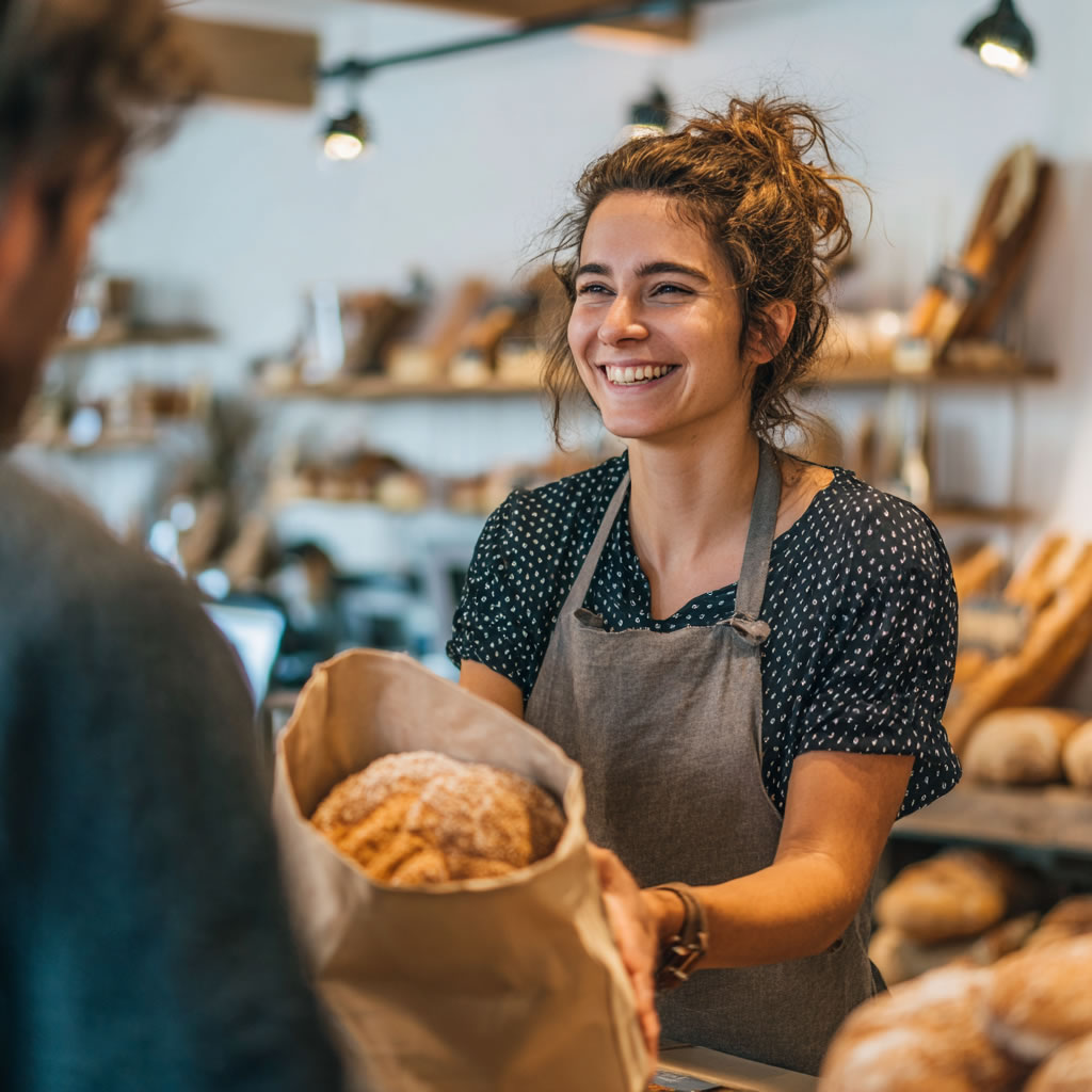 Baker happily serving a new client found via her website
