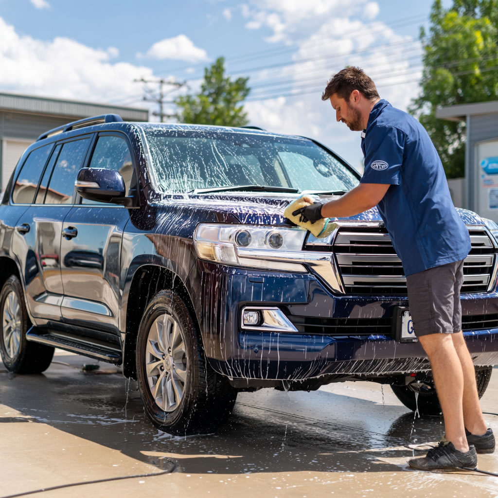Car detailer washing a client's car